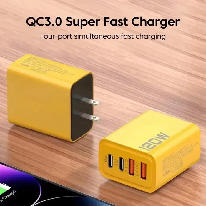 Quick Charge 3.0 Fast Charger Muti Total 120W 4 Port USB Type C PD Mobile Phone Wall Adapter for iPhone 16 Samsung S24