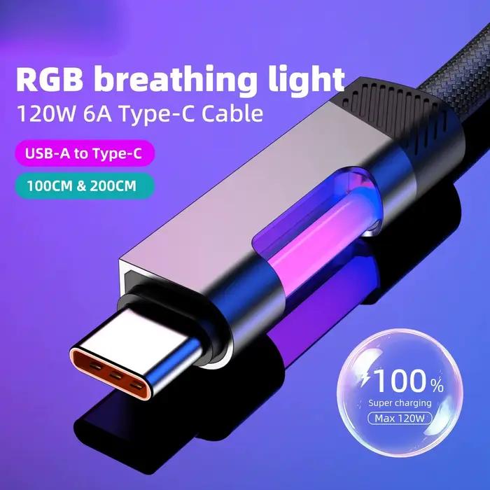 Câble de charge rapide RGB 120W 6A USB Type C avec lumière ambiante RGB pour TV