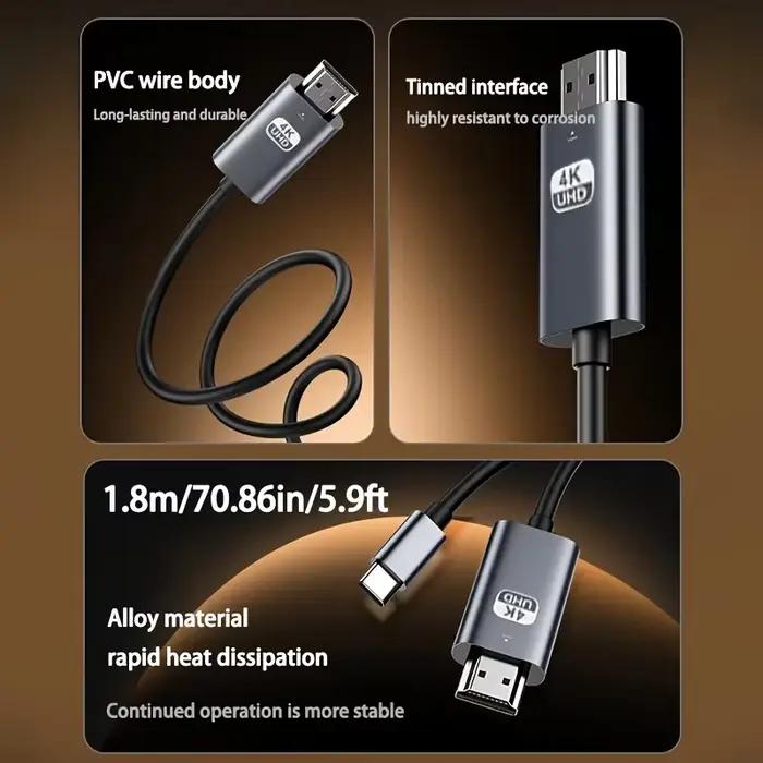 Câble USB C vers HDMI 4K@60Hz 2K@144Hz compatible HDTV pour convertisseur TV MacBook Air iPad Adaptateur USB-C Transmission vidéo