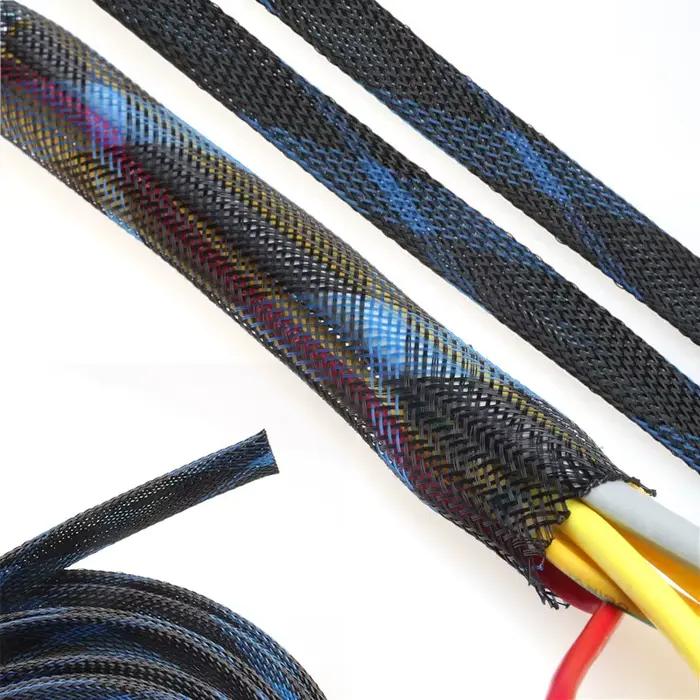 Manchons de câbles extensibles en PET pour rangement et protection des câbles métalliques, disponibles en différentes couleurs et diamètres pour un usage domestique et professionnel