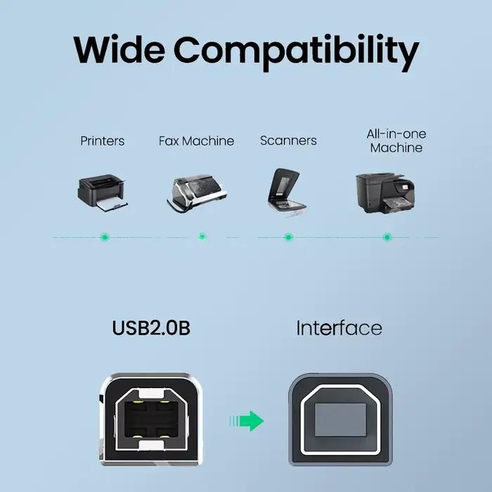 Câble USB Type B pour Imprimante et Scanner Compatible avec PC et Ordinateur Marques Canon Epson HP Samsung Polyvalent Blanc ou Noir 0.5m 1m 2m 3m