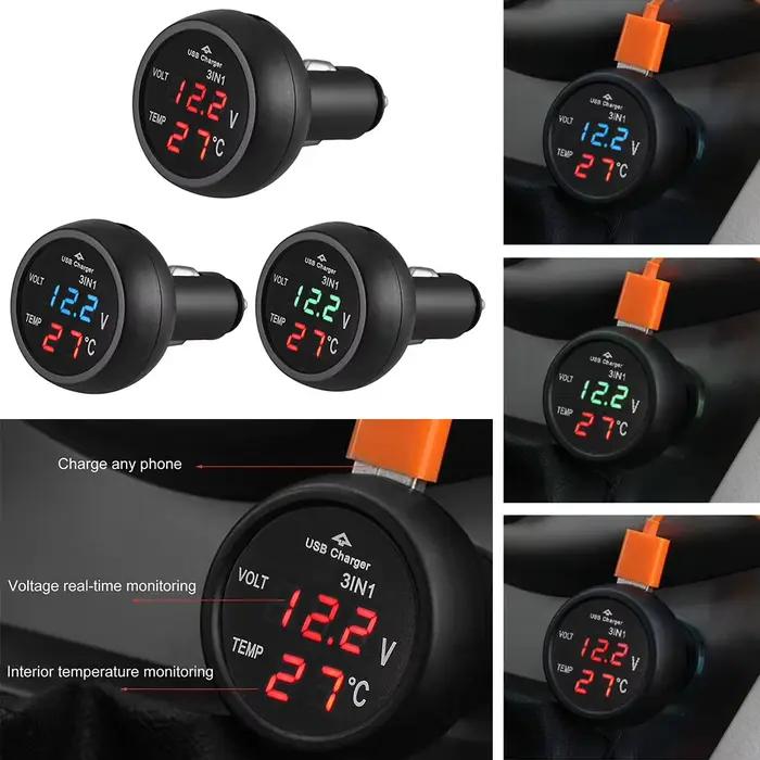 Chargeur de voiture 3 en 1 12/24V avec interrupteur voltmètre