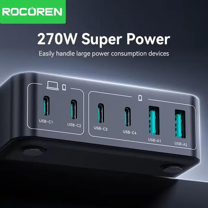 Rocoren 270W GaN chargeur 6 ports bureau charge rapide USB Type C chargeur centrale électrique Portable pour iPhone 16 Pro Max Xiaomi