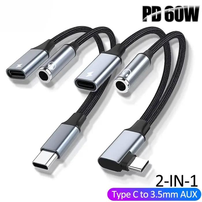 Convertisseur USB-AUX de type C à 3 5mm PD 60W avec adaptateur de prise casque 2 en 1 câble Audio pour écouteurs haut-parleur ordinateur microphone multimedia
