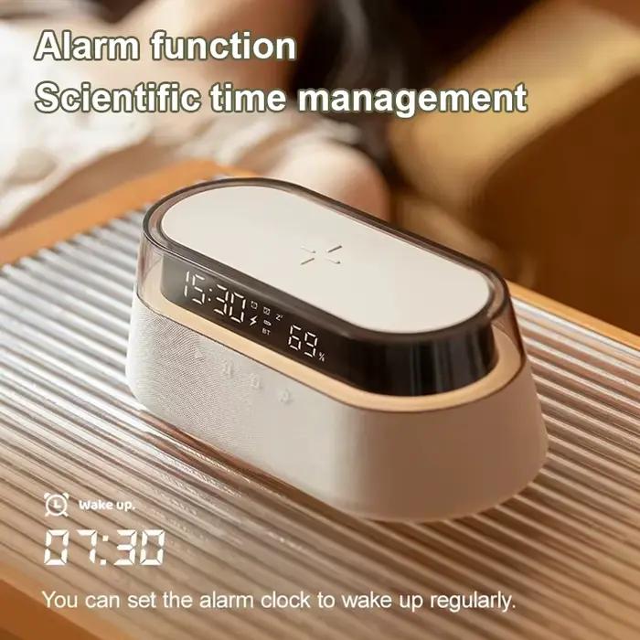 Réveil intelligent multifonction 6 en 1 chargeur sans fil haut-parleur Bluetooth radio FM double alarme veilleuse RVB pour homme et femme usage quotidien cadeau spécial