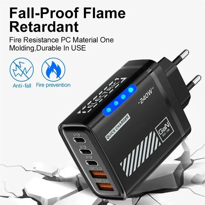 Chargeur USB-C GaN 5-en-1 240W PD à charge rapide 3.0 avec prises EU US UK pour iPhone 17 16 15 Samsung Xiaomi Huawei