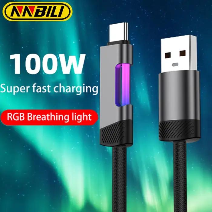 Câble de charge rapide RGB 120W 6A USB Type C avec lumière ambiante RGB