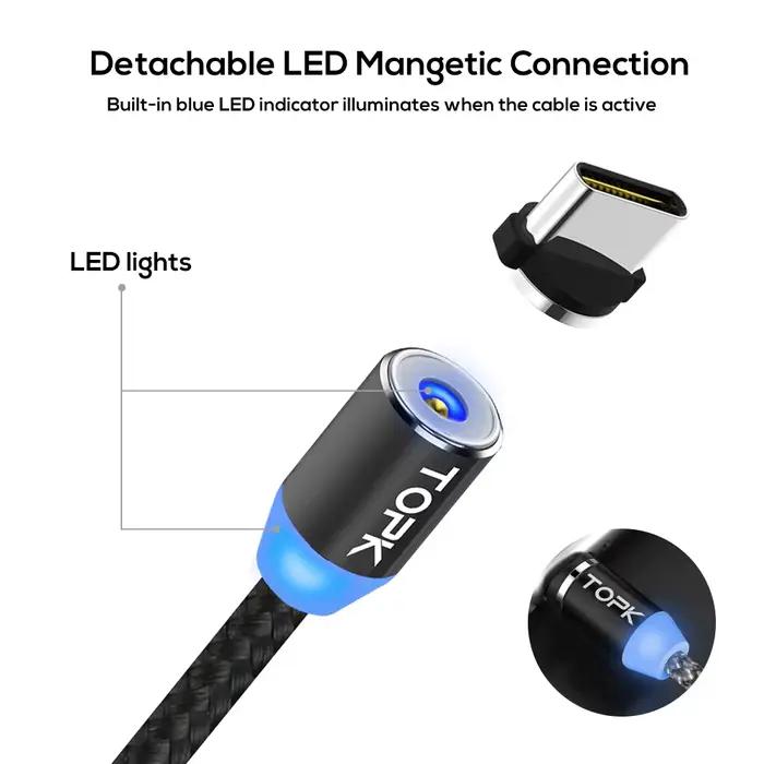 TOPK-Câble de charge magnétique 3 en 1, câble de chargeur de téléphone magnétique rotatif, câble micro USB C, nylon tressé, résistant à 360