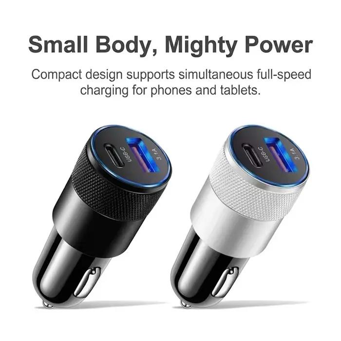Chargeur de voiture compact USB-C et USB-A 3.1A double port à charge rapide avec puce intelligente et protection contre la surchauffe pour téléphones et iPhone
