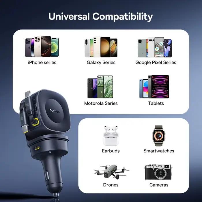 Chargeur de voiture Baseus 60W 100W 30W 240W 4 ports intégré double câble rétractable PD charge rapide USB type-c