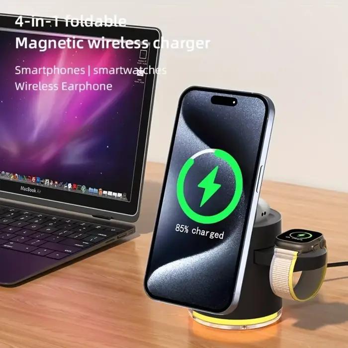 Station de charge rapide pliable 4 en 1 Qi2 15W Chargeur sans fil magnétique pour MagSafe iPhone16/15/14/13/12 Apple Watch AirPods Pro