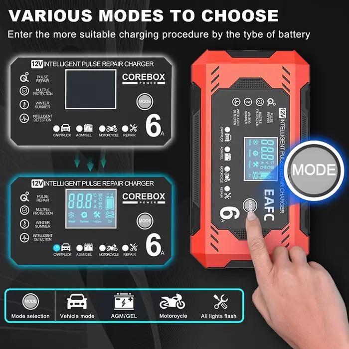 Chargeur de batterie de voiture Snap12V avec écran LCD pour voitures et motos compatibles avec les batteries au plomb-acide calcium GEL AGM Wet EFB occasions spéciales