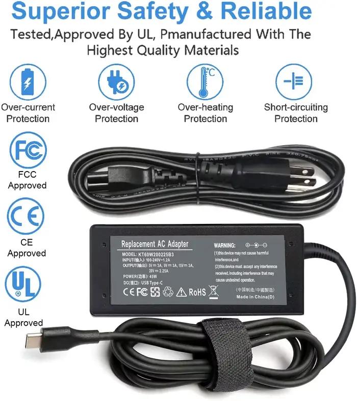 Chargeur USB C 45W pour HP Chromebook X360 14 14A 14C 15 11 14-ca000nr 14a-ca0090wm 14a-na0031wm 14-db0043wm 14-db0023dx 14c-ca005