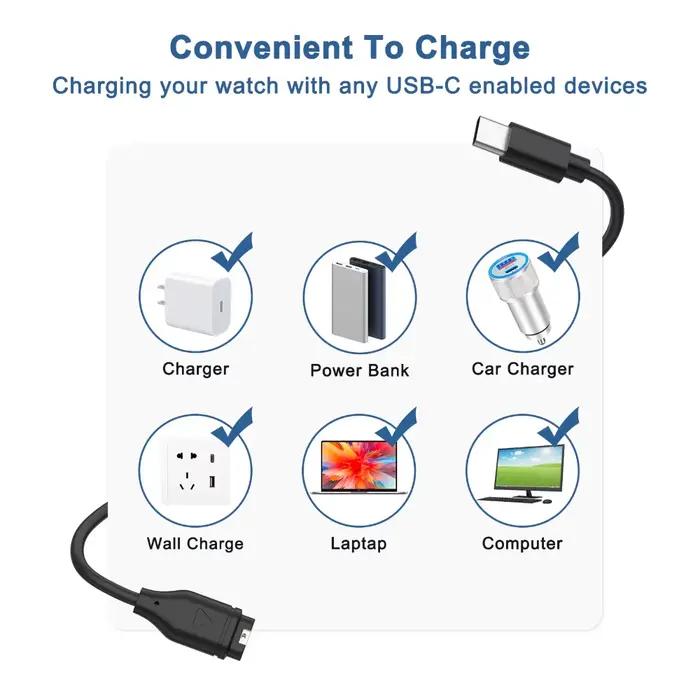 Chargeur de Type C pour Garmin Fenix 7 6 5X Plus/Venu 2/Vivoactive 3 4/Instinct 2/Forerunner 945 255 955 265 965 165