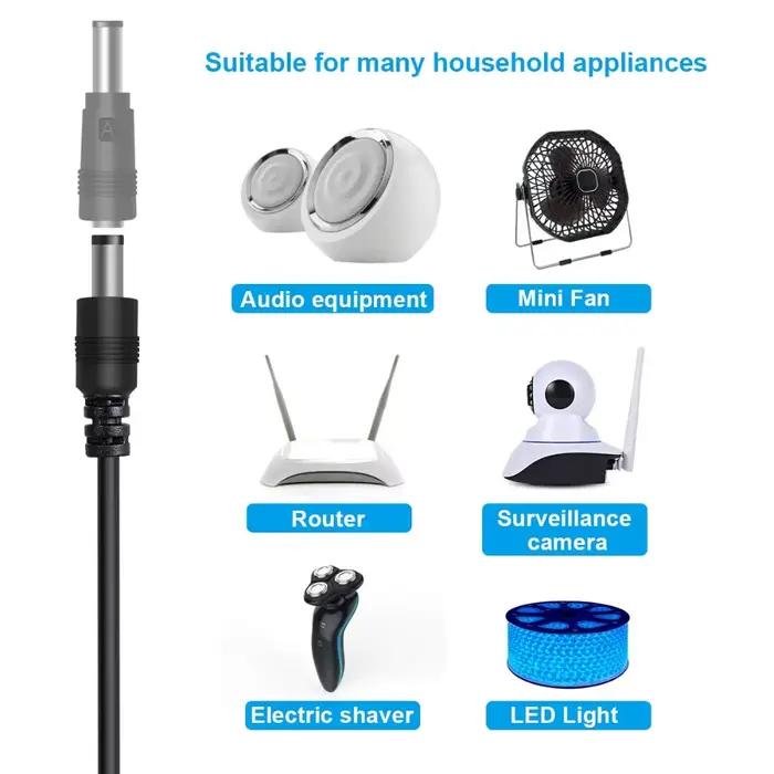 Câble d'alimentation universel USB vers DC, 5.5x2.1mm, jack 5V, charge avec 8 embouts de connecteur sélectionnables pour caméras de vidéosurveillance, boîtier TV