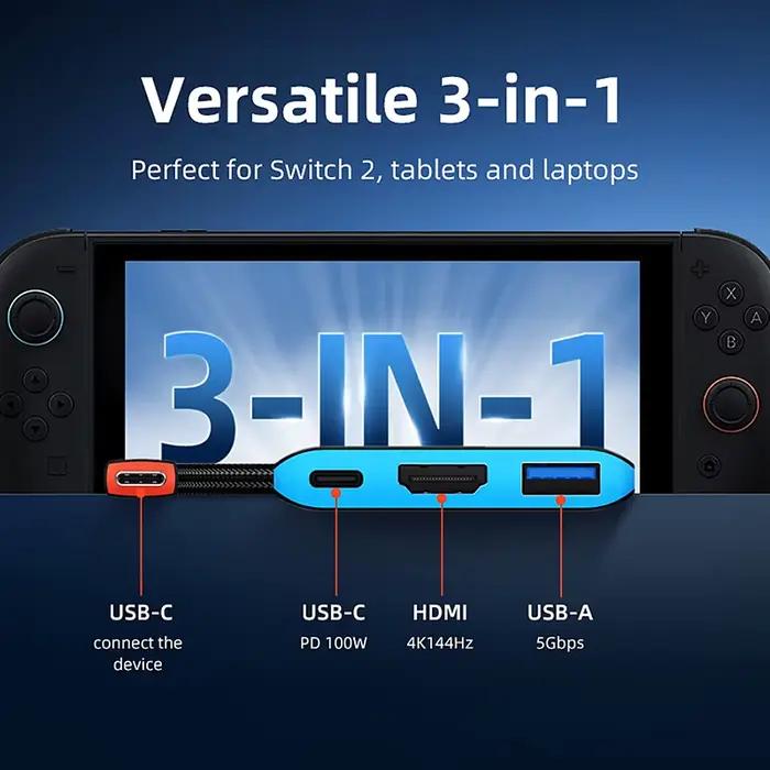 Station d'accueil portable CABLETIME Switch 2 Hub TV 3-en-1 4K 144Hz PD100W 5Gbps haute vitesse