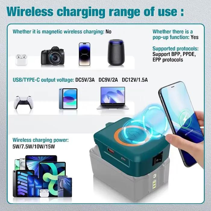 Chargeur sans fil pour batterie Makita 18V adaptateur sans fil 15W rapide pour téléphones et appareils électroniques polyvalents