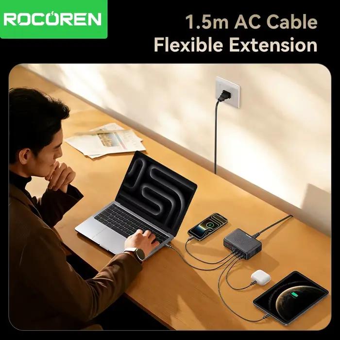 Rocoren 200W GaN chargeur 8 en 1 bureau charge rapide pour iPhone 17 Pro Xiaomi Samsung USB Type C