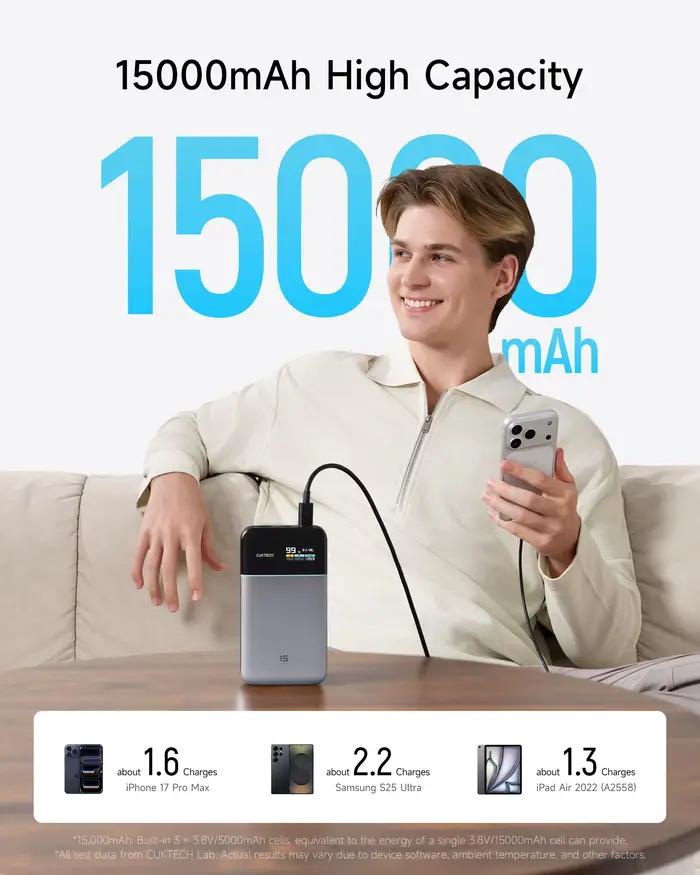 Cuktech 15 Air Power Bank 15000mAh 100W Total TFT Monitor GaN Chargeur Portable 90W pour Xiaomi pour iPhone Android