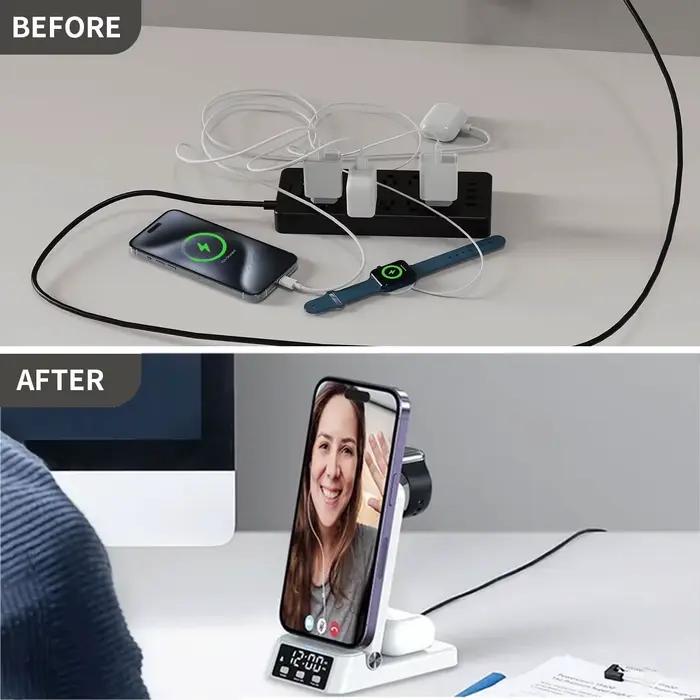 Station de charge rapide 4-en-1 pliable avec réveil et support pour téléphone
