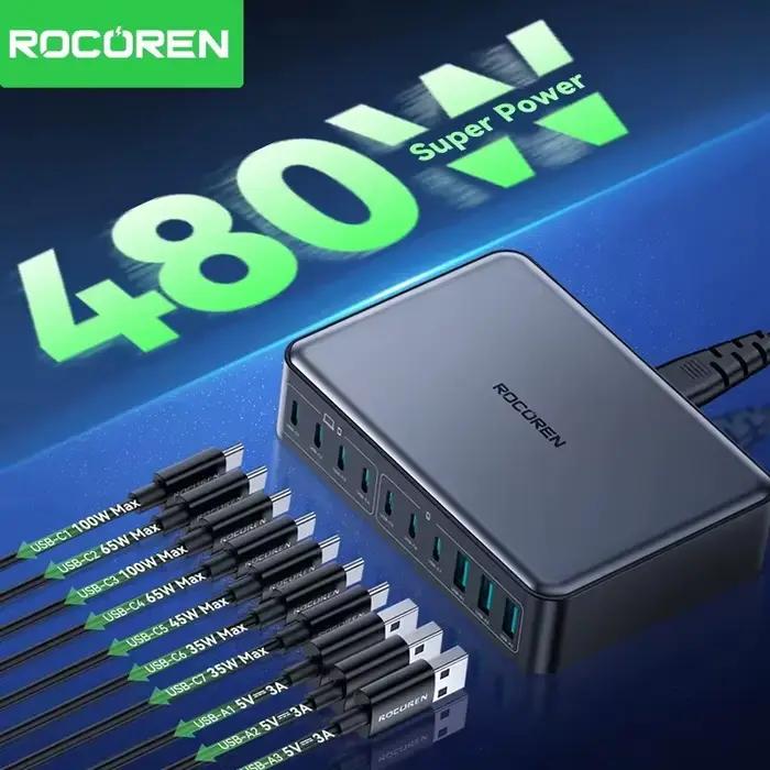 Rocoren 480W USB C chargeur 10 Ports Type C Station de charge plusieurs appareils Gan