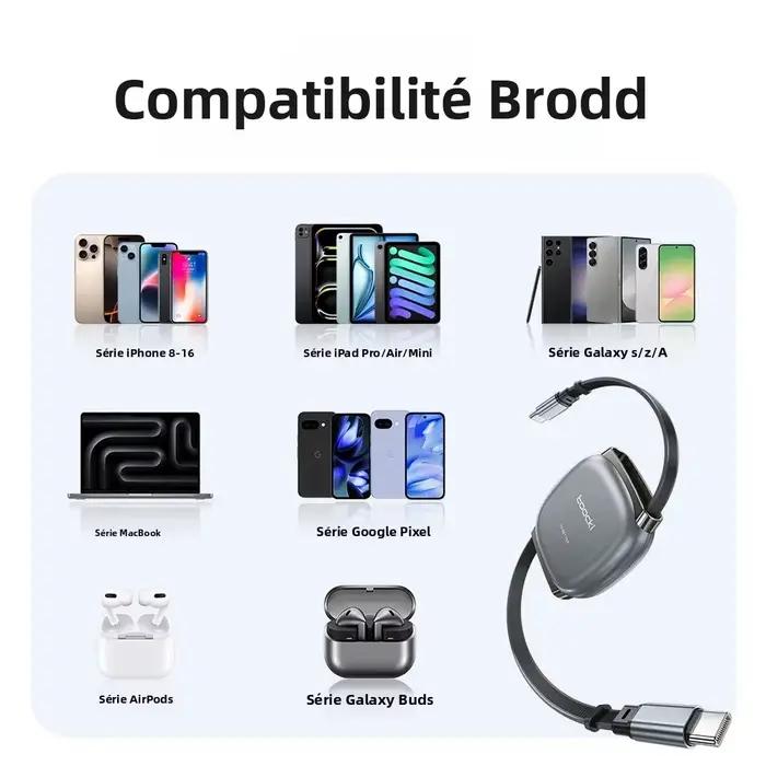 Câble rétractable Toocki 100W Type C pour iPhone 16 15 Pro Max Samsung