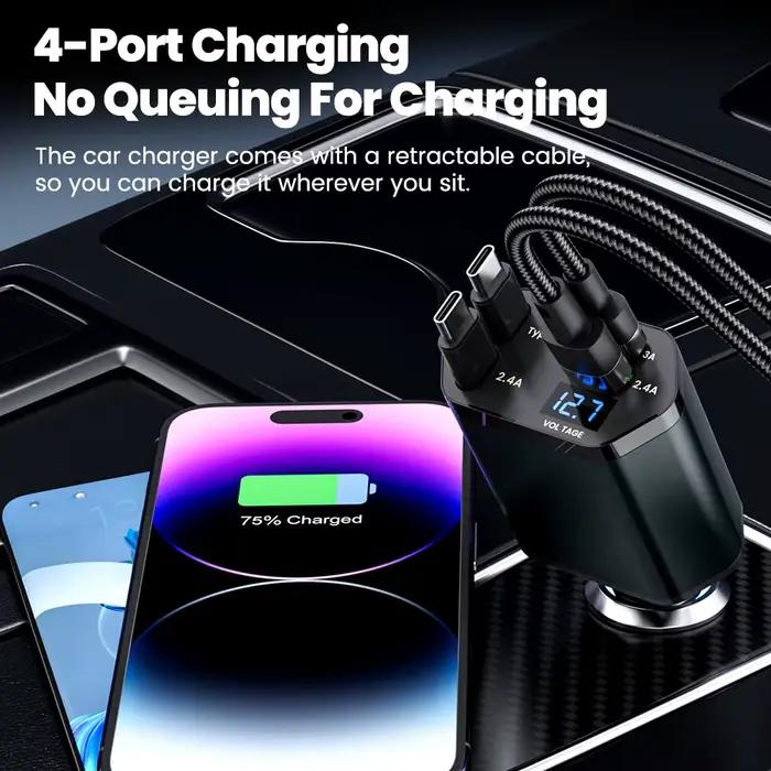 Elough 4 en 1 chargeur de voiture rétractable charge rapide USB C vers USB C ios câble
