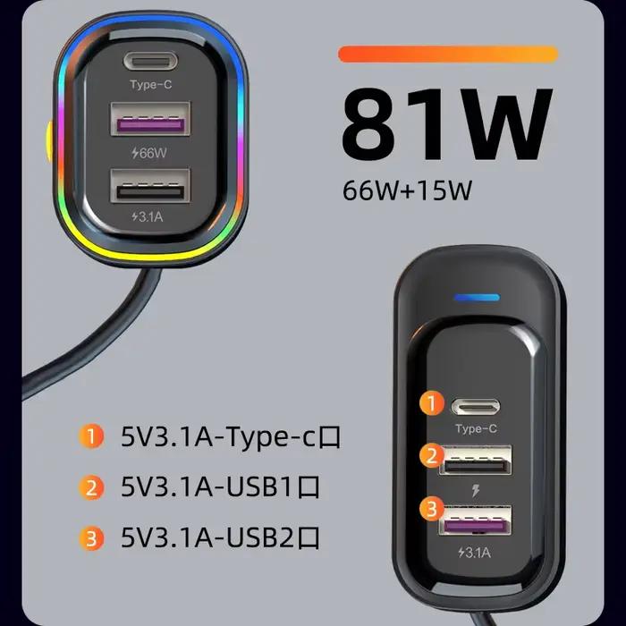 Extension avant-arrière, chargeur de voiture 6 ports, lumière RGB, charge rapide PD, adaptateur USB Type C pour iPhone et tablette