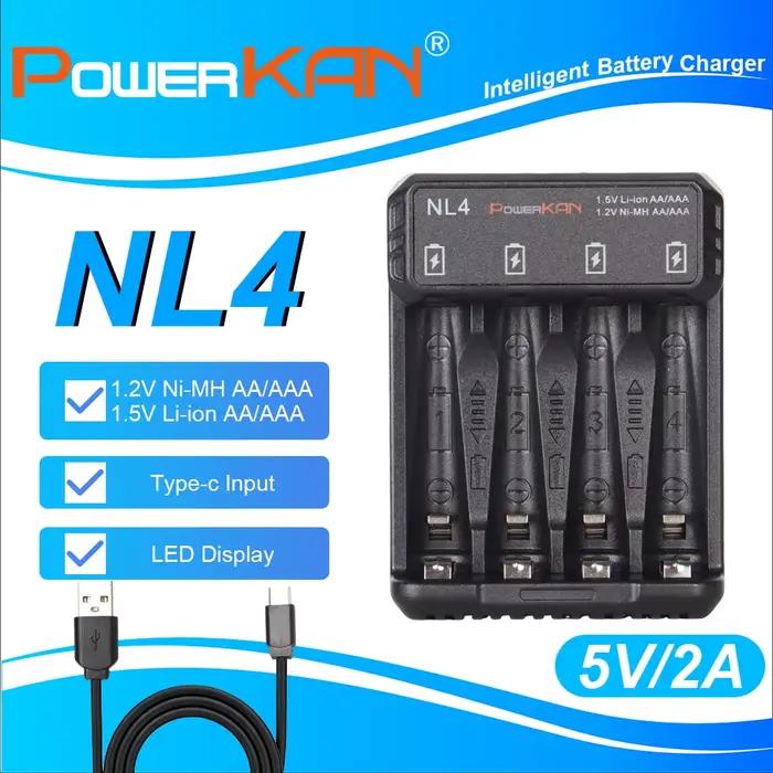 Chargeur intelligent POWERKAN NL4 4 emplacements pour piles rechargeables Ni-MH Ni-Cd AA AAA Lithium-ion AA AAA USB Type-C Occasions spéciales recharge batterie