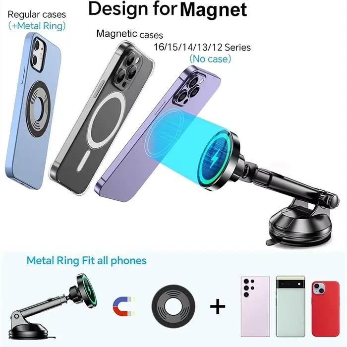 Adapteur Chargeur Téléphone Voiture Magnétique Sans Fil 15W Charge Rapide Pare-Brise Tableau De Bord Support Téléphone Voiture iPhone Samsung Occasions Spéciales