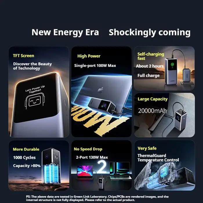 UGREEN 200W 20000mAh Power Bank Chargeur rapide avec câble intégré de 65 cm Batterie externe portable pour