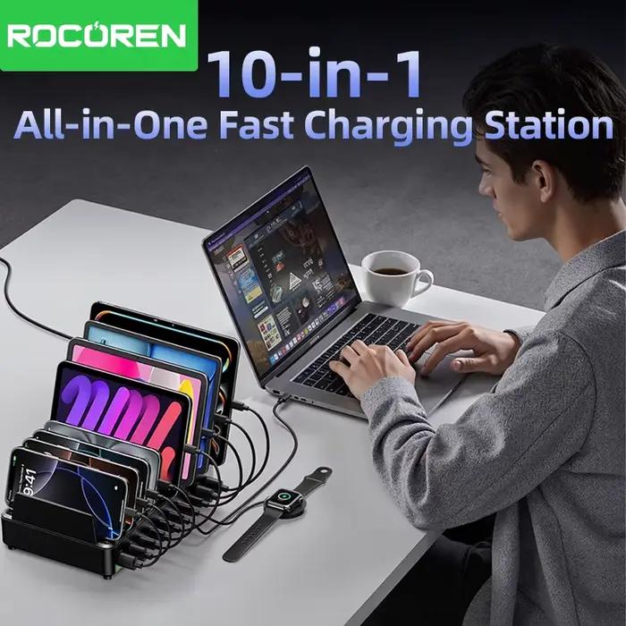 Chargeur Rocoren 400W GaN 6 ports, chargeur de bureau à charge rapide USB Type C, station d'alimentation portable pour iPhone 17 Pro Max Xiaomi 14