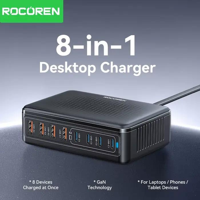 Rocoren 200W GaN chargeur 8 en 1 bureau charge rapide pour iPhone 17 Pro Xiaomi Samsung USB Type C