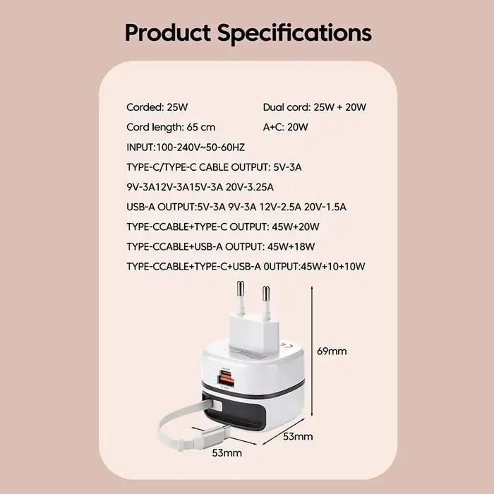 Chargeur 65W avec câble rétractable