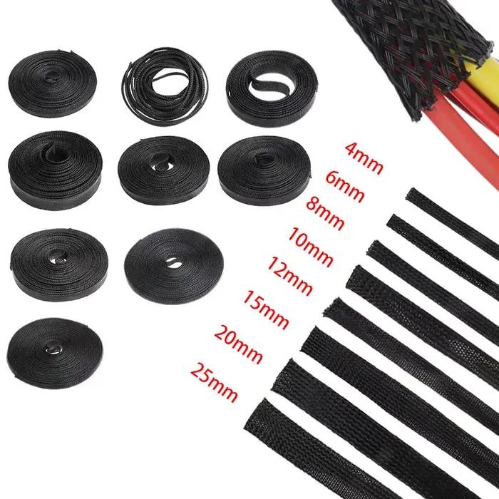 Manchons de câbles extensibles en PET pour rangement et protection des câbles métalliques, disponibles en différentes couleurs et diamètres pour un usage domestique et professionnel