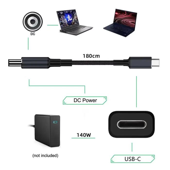 Type C entrée USB-C à sortie DC 5.5*2.1mm 20V puissance 100W 135W 140W 65W câble de charge 1.8m pour ordinateur portable
