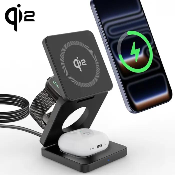 Support de chargeur sans fil magnétique QI2 15W 3-en-1 pour iPhone 17~12 Pro Max