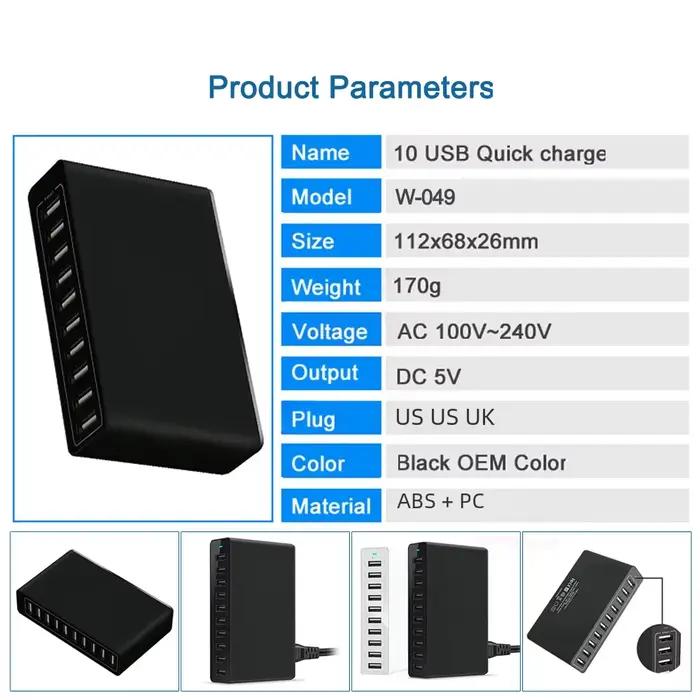Chargeur USB 60W, 10 ports, pour ordinateur de bureau, tablette, smartphone