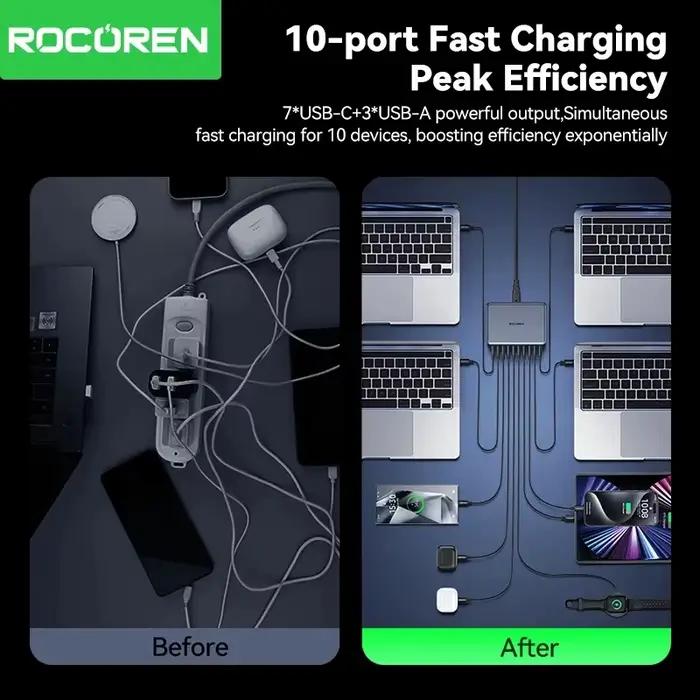 Rocoren 480W USB C chargeur 10 Ports Type C Station de charge plusieurs appareils Gan