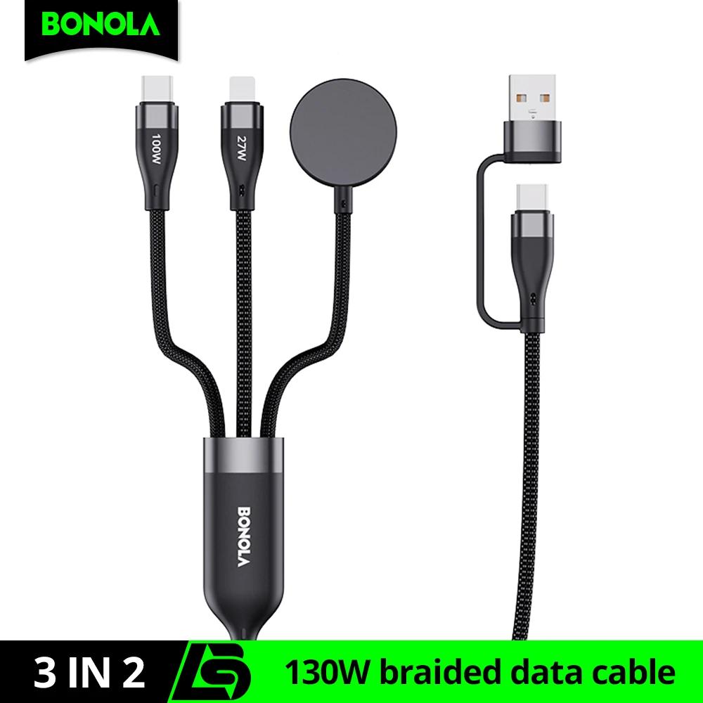 Câble USB Type C 3-en-2 Bonola pour iPhone 17/16/15/14/13/12 Pro et chargeur de montre Apple Watch