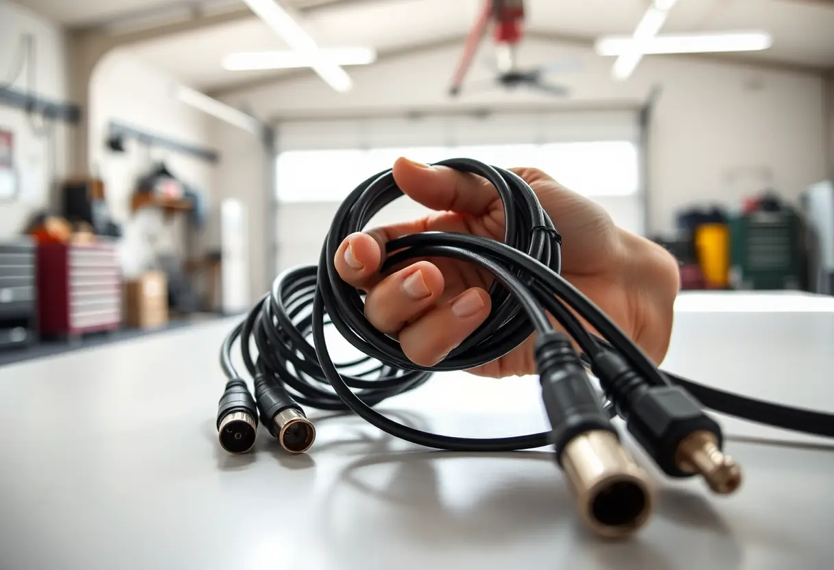 Un câble de charge avec divers connecteurs sur une table dans un garage bien éclairé
