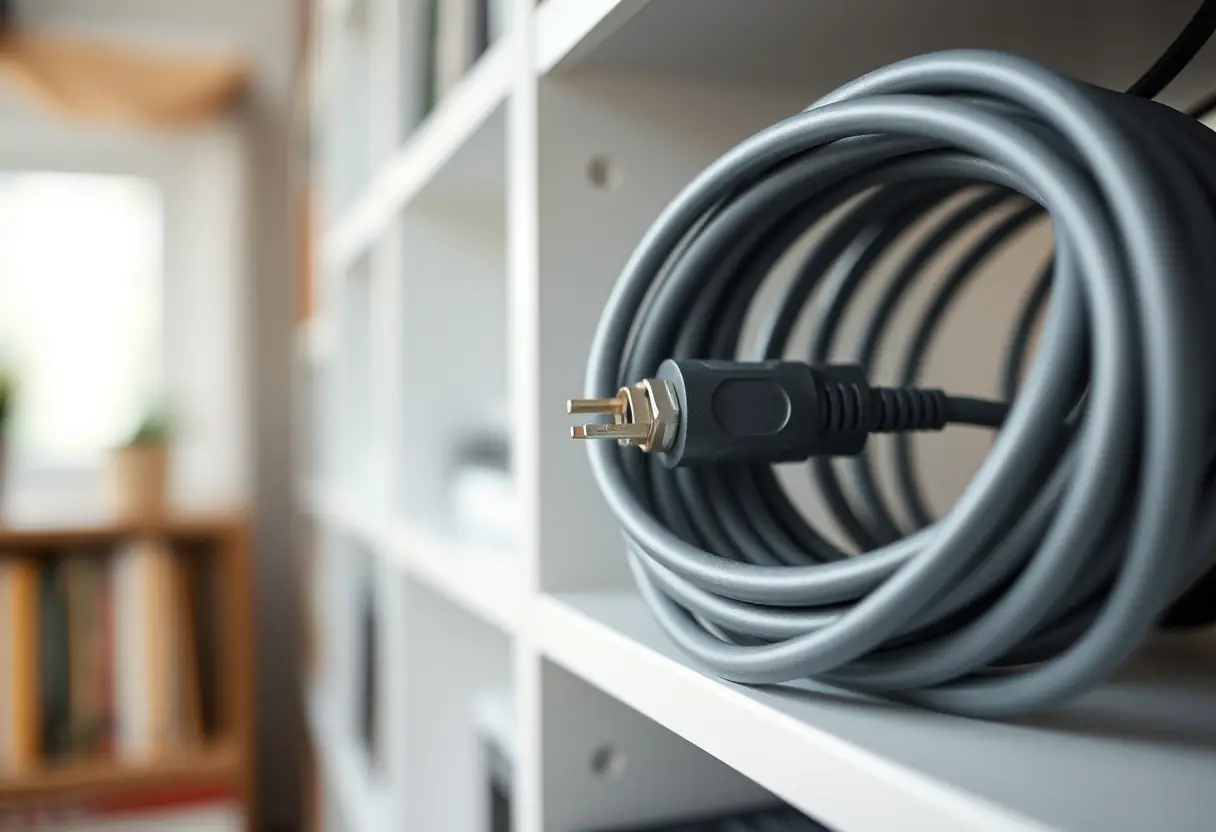 Câble électrique enroulé sur une étagère dans un bureau étudiant