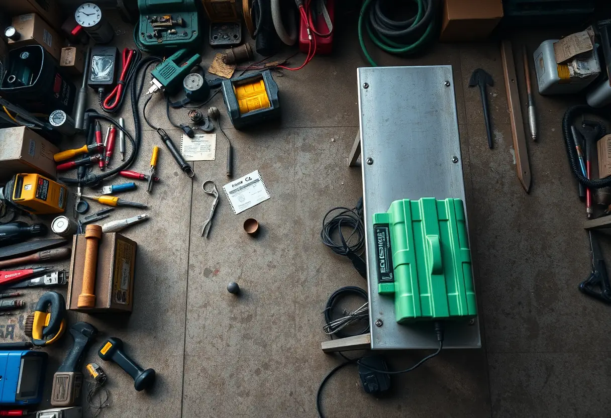 Atelier avec divers outils et chargeur de batterie vert