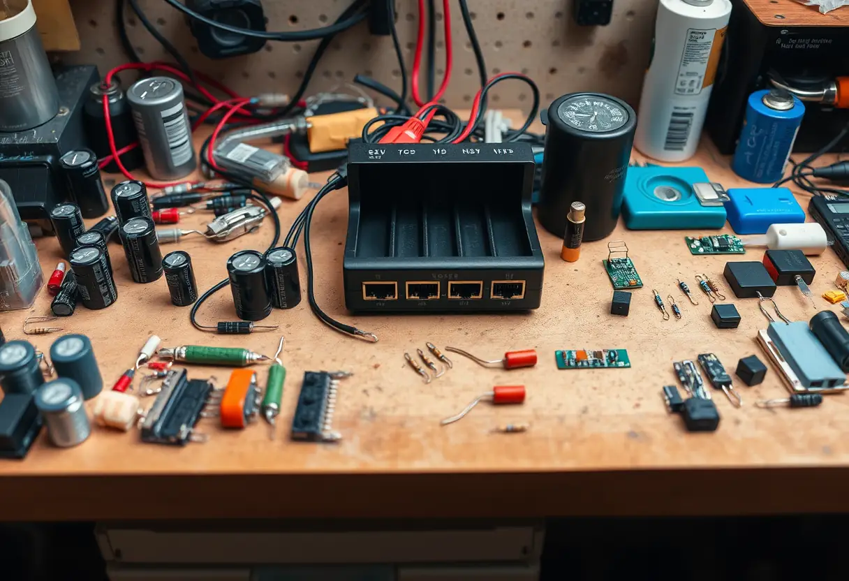 Banc de travail avec divers composants électroniques et chargeur de batterie