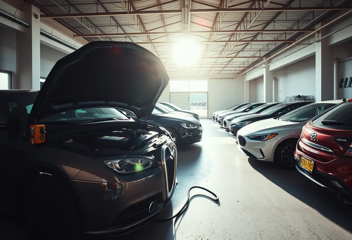 Garage avec voiture dont capot est ouvert révélant chargeur de batterie