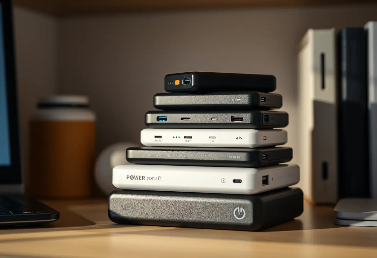 Une rangée de chargeurs externes de tailles différentes sur une étagère dans un bureau, éclairés par la lumière ambiante