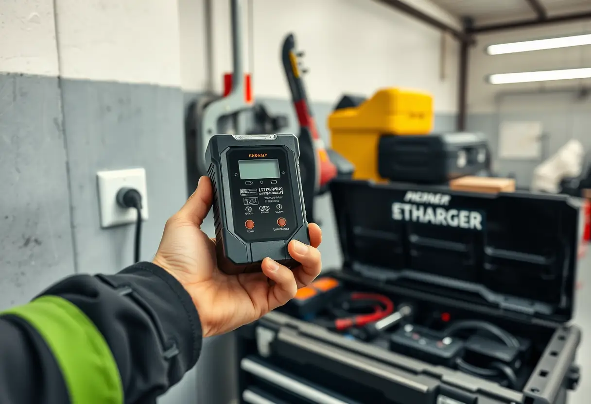 Main de mécanicien tenant un chargeur de batterie lithium-ion dans un garage bien éclairé