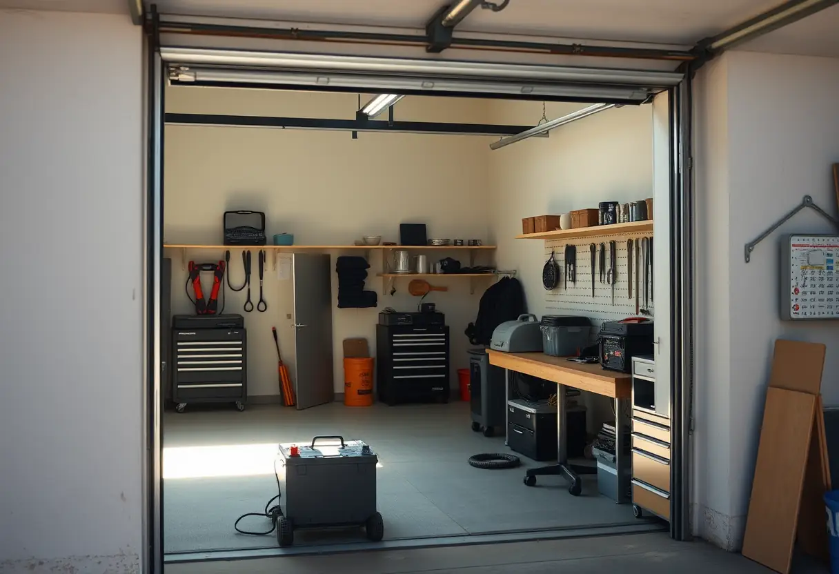 Atelier bien rangé avec un chargeur de batterie voiture