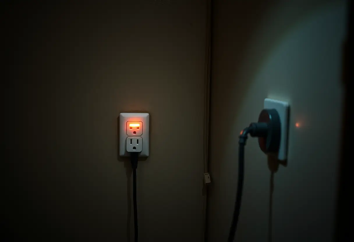 Chargeur de maintien branché sur une prise murale dans un sous-sol sombre