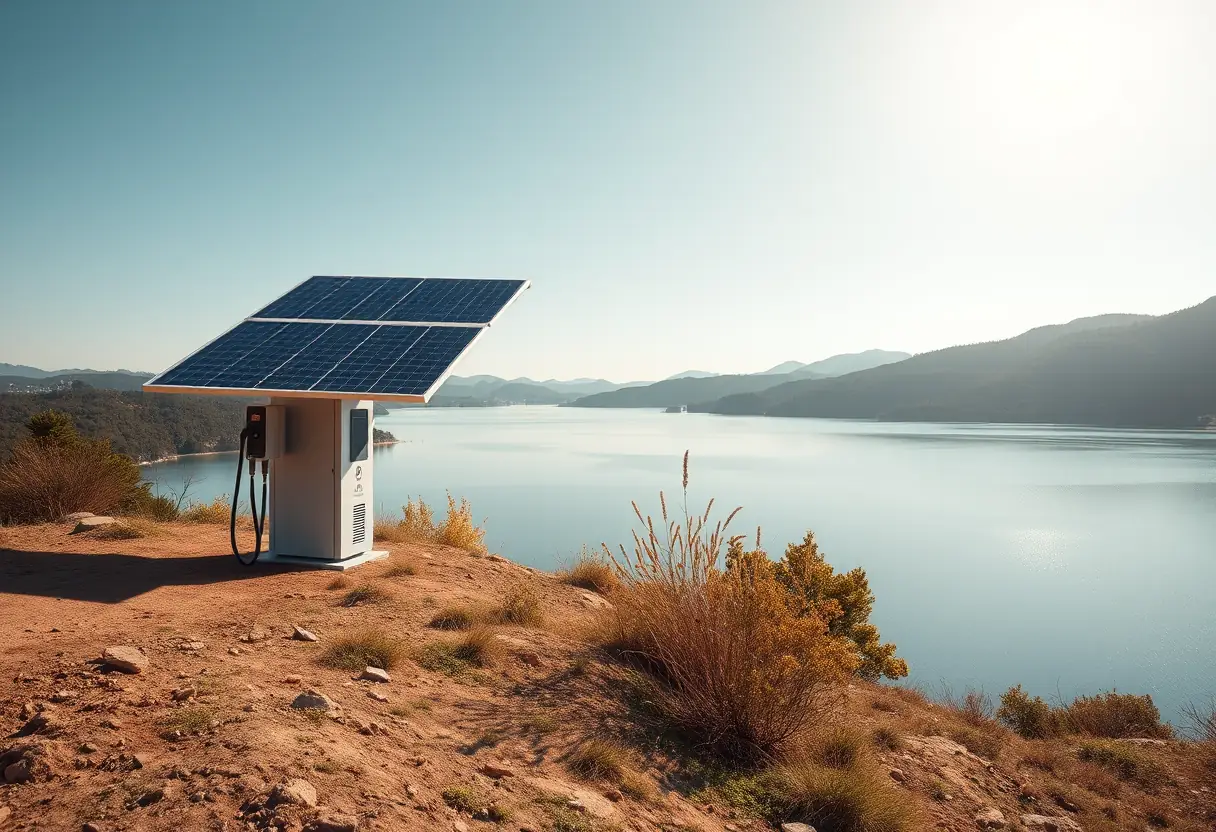 Station de recharge solaire sur une colline avec vue sur un lac